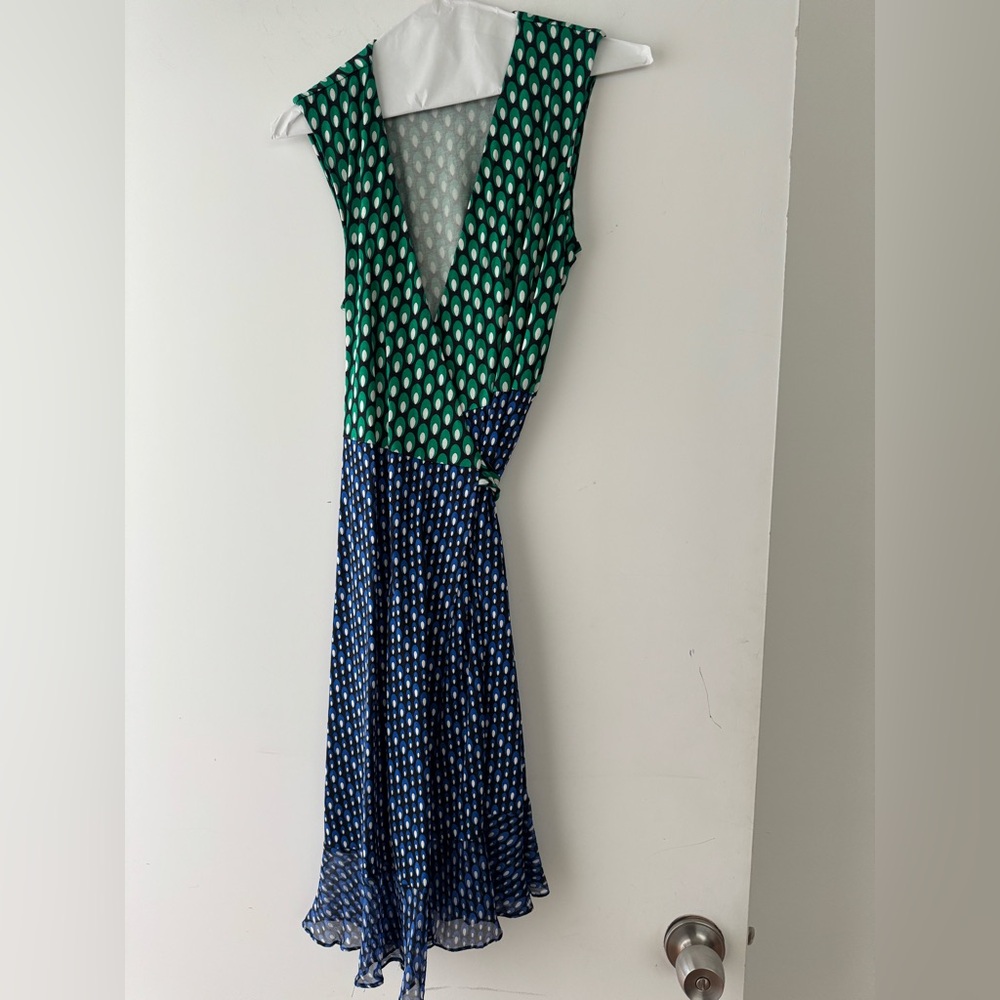 Diane Von Furstenberg Green and Blue Silk Jersey Wrap Dress